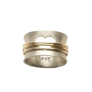 Vintage Boho Style Two Tone Love Cutout Heart Copper Wire Wrapped Band Ring